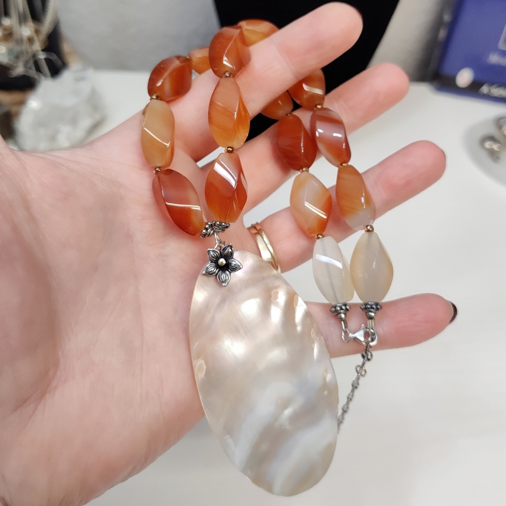 Vintage Sterling Silver Carnelian Mother Of Pearl Floral Pendant Necklace 18" - Picture 14 of 15